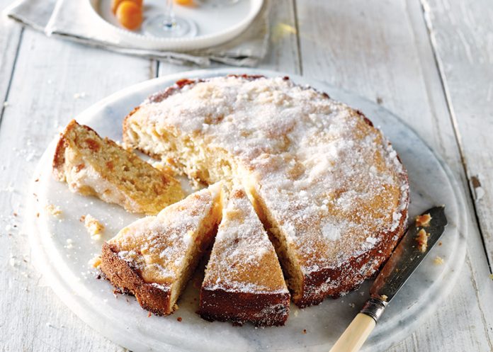 Beaumes-de-Venise Cake with Apricots on marble plate