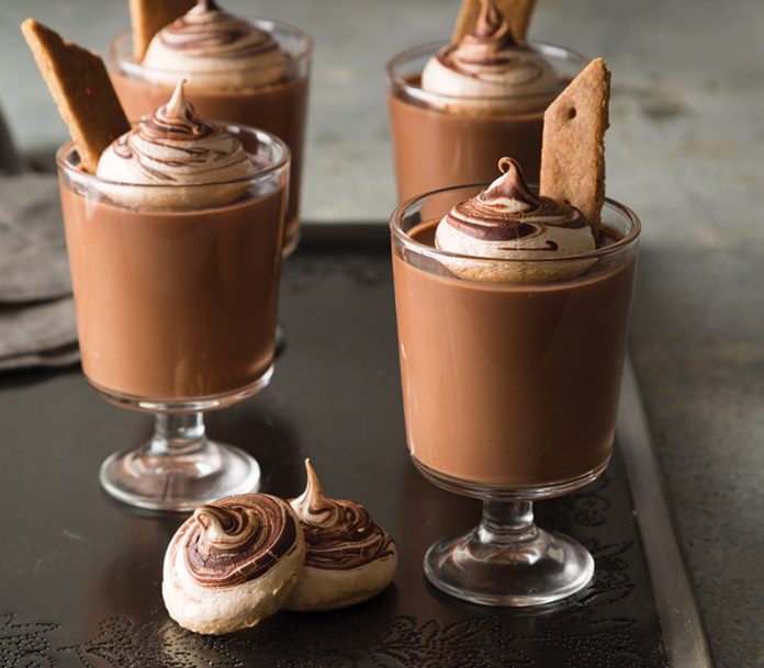 Chocolate Pots de Crème with Toasted Meringue in glasses on tray