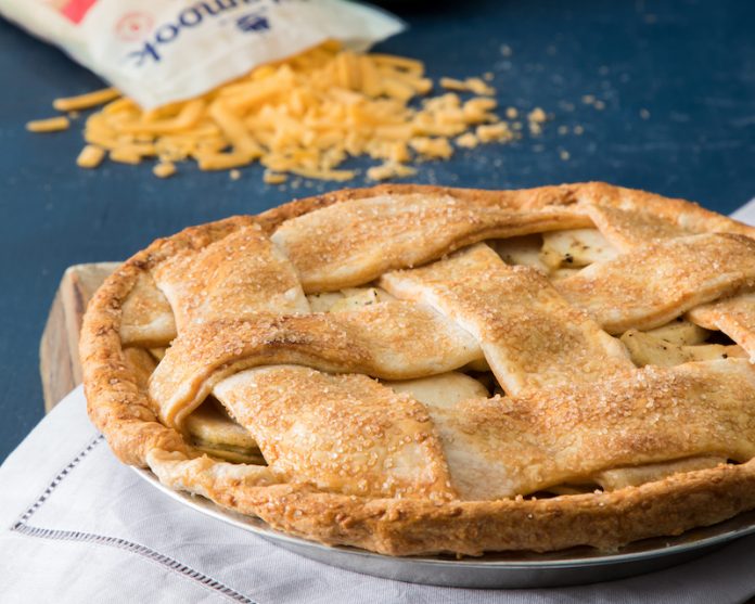 Tillamook's Anything but Ordinary Giveaway apple pie on blue surface baking recipe