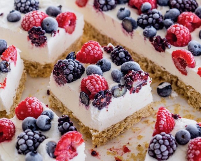 The Best of Summer and Cream mixed berry bars sliced