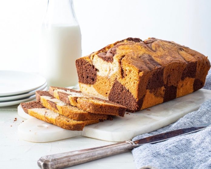 Triple-Marble Pound Cake sliced on cutting board