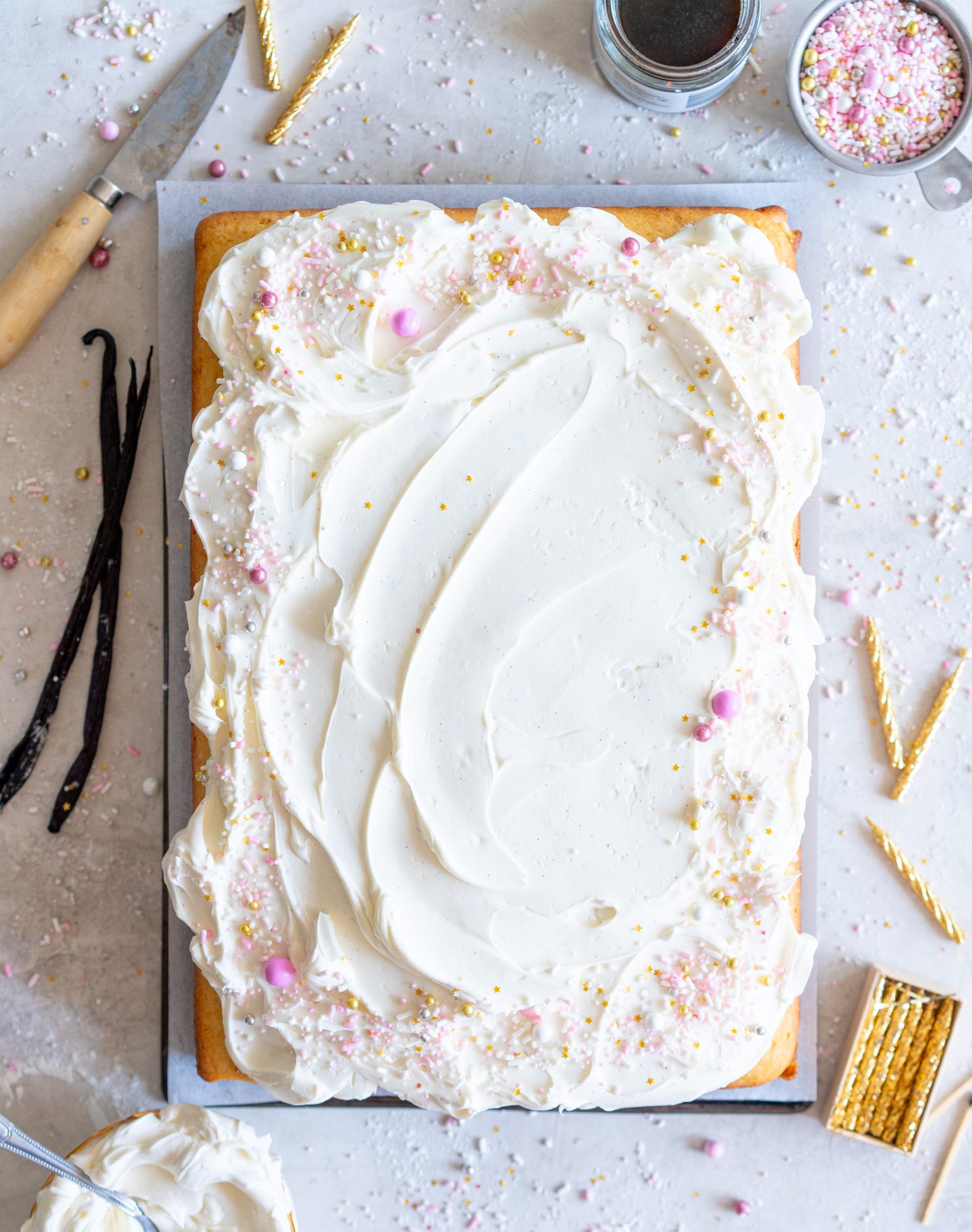 Vanilla Bean Sheet Cake with Vanilla Bean Swiss Meringue Buttercream - Bake from Scratch