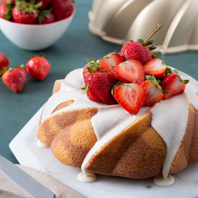 Marbled Strawberry Bundt Cake on white plate
