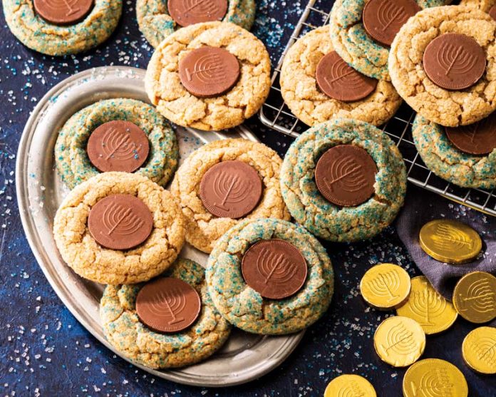 Gelt Cookie Butter Blossom Cookies on gold tray with chocolate coins