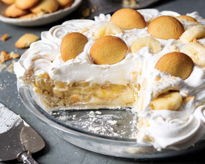 banana pudding meringue pie sliced in pie dish baking recipe